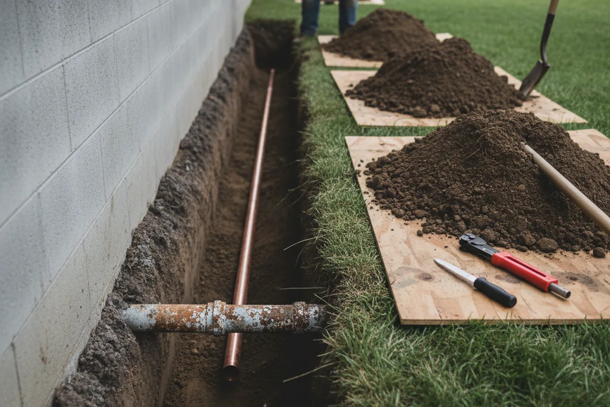 Excavated water line trench during Water Softener Installation in Gardendale